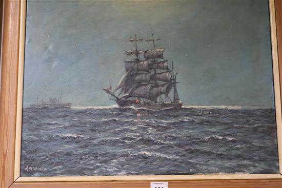 R M Wilson Moonlit seascape with sailing ship 20 x 24in.